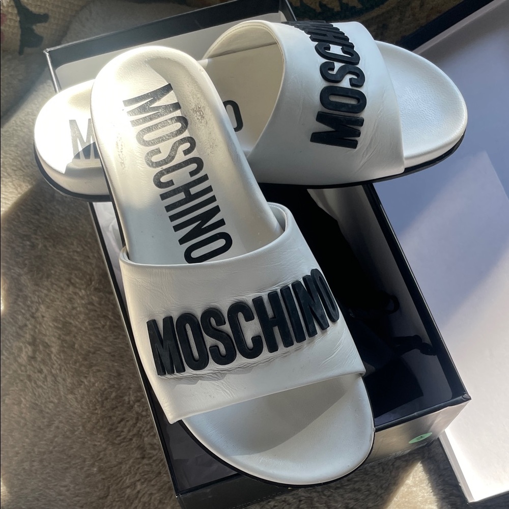 Moschino White Slides with Black Logo